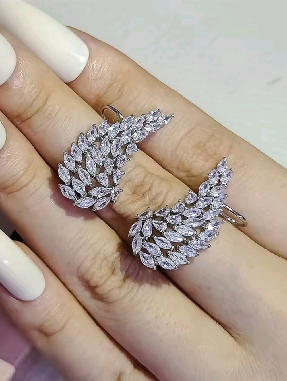 Silver Crystal Wing Ring Pair
